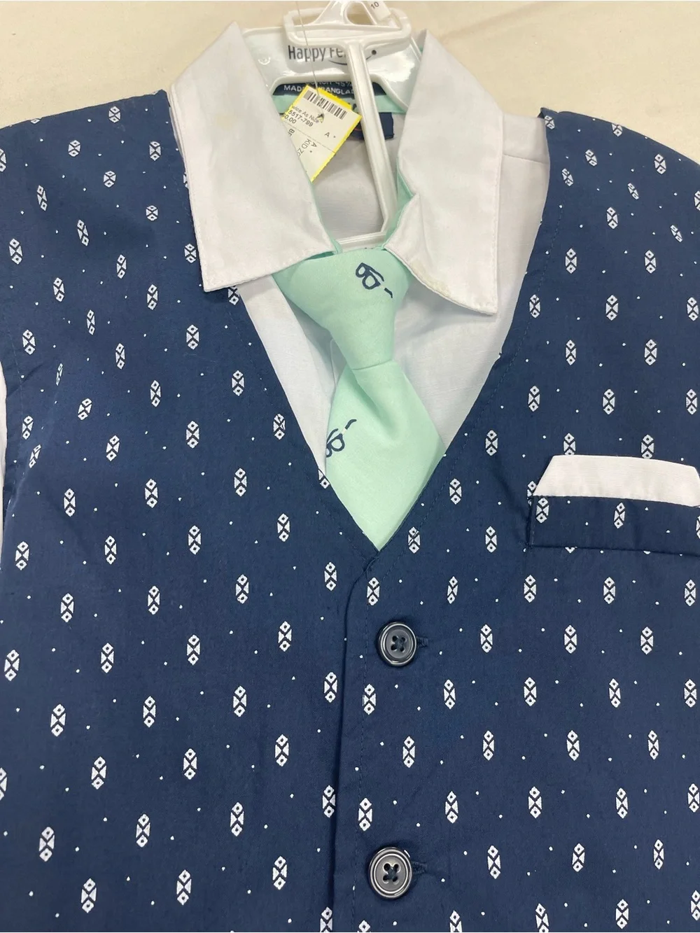 Boys' Navy Patterned Vest Set with Mint Tie